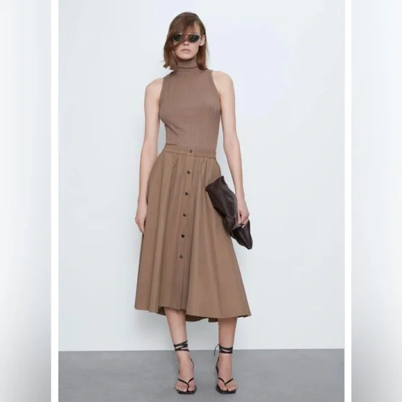 ZARA Tan Camel Khaki Button Down Elastic High-Waist Asymmetrical Midi Maxi Skirt - Picture 1 of 16